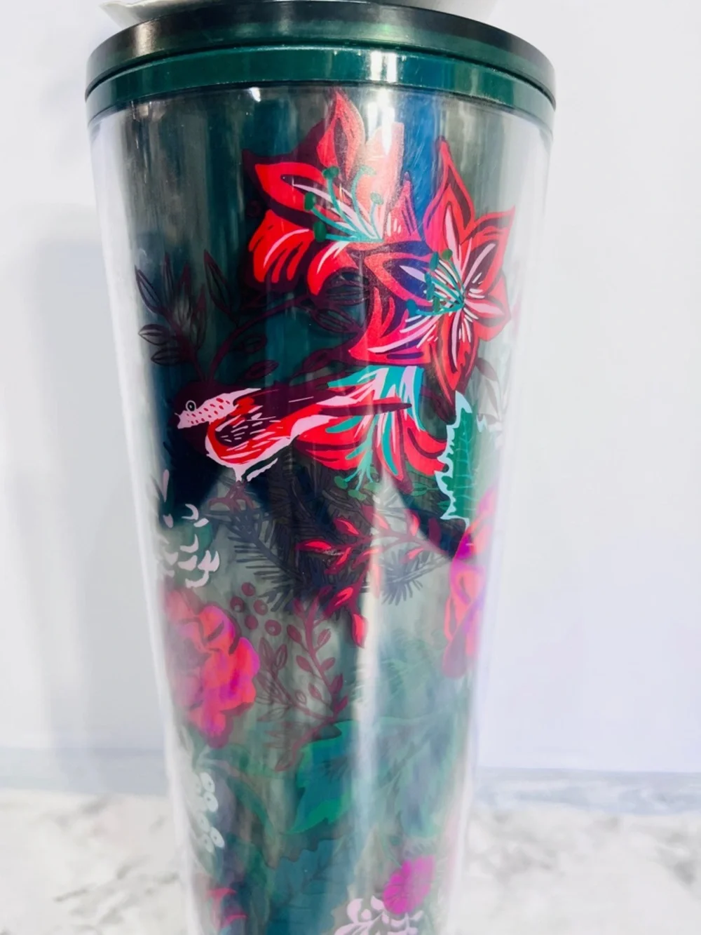 Starbucks Green Lid Cup Topper with Red Flower Straw